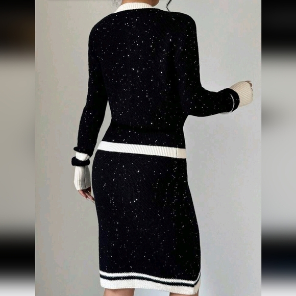 Women's Elegant Contrast Color Trim Asymmetric Hem Long Sleeve Blouse And Skirt - Picture 2 of 5